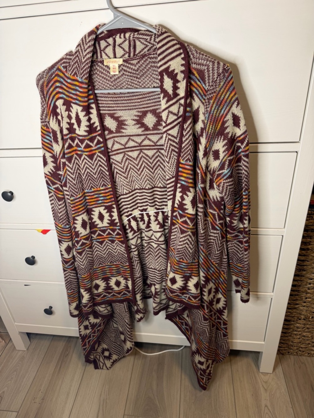 Xhilaration Maroon and Cream Aztec Open-Front Cardigan with Multicolor Accents